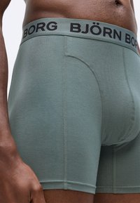 Zeleni pamučni bokserice s crnim elastičnim pojasom na kojem piše "BJÖRN BORG". Glatka tekstura tkanine s prilagođenim dizajnom i konturama šava.