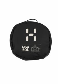 Zwarte ronde duffelbag met witte graphic, gelabeld 'Lava 50L,' met handvat, waarin de afmetingen en gewichtdetails op de voorkant zijn gedrukt.