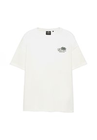 T-shirt blanc à manches courtes avec texte noir "The Pool Spot Holiday Moods" et graphisme sur la poitrine gauche, col rond et coupe décontractée.