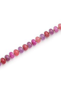 Naszyjnik z koralików, składający się z okrągłych, gładkich kamieni w odcieniach różu i fioletu, oddzielonych małymi złotymi akcentami.