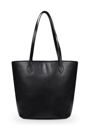 Black leather tote bag with two long handles, a smooth texture, and a minimalist design. Features a subtle embossed logo on the front.