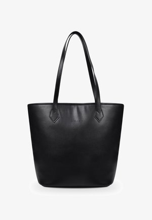 Sac fourre-tout en cuir noir avec deux longues poignées, une texture lisse et un design minimaliste. Présente un logo en relief subtil sur le devant.
