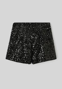 Shorts noirs en sequins avec une texture scintillante et une coupe ajustée. Le tissu est recouvert de sequins réfléchissants pour un éclat supplémentaire.