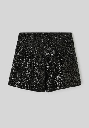 Shorts noirs en sequins avec une texture scintillante et une coupe ajustée. Le tissu est recouvert de sequins réfléchissants pour un éclat supplémentaire.