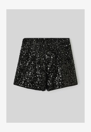 Shorts noirs en sequins avec une texture scintillante et une coupe ajustée. Le tissu est recouvert de sequins réfléchissants pour un éclat supplémentaire.