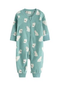 Fleece heldragt i lys teal med hvidt isbjørnemønster. Har en frontlynlås og lange ærmer med kontrastfarvede manchetter. Blød tekstur.