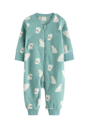 Fleece heldragt i lys teal med hvidt isbjørnemønster. Har en frontlynlås og lange ærmer med kontrastfarvede manchetter. Blød tekstur.