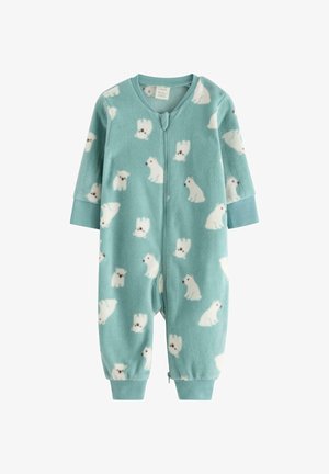 Fleece onesie in light teal with white polar bear pattern. Features a front zipper and long sleeves with contrasting cuffs. Soft texture.