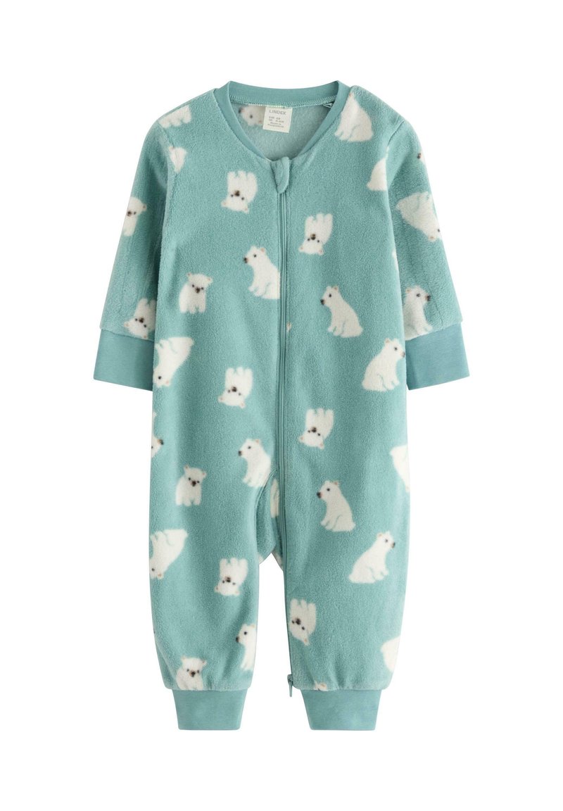 Fleece heldragt i lys teal med hvidt isbjørnemønster. Har en frontlynlås og lange ærmer med kontrastfarvede manchetter. Blød tekstur.