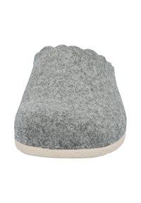 Gray felt slipper with a scalloped edge, featuring a rounded toe and a light-colored rubber sole for traction. Soft texture throughout.