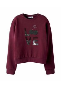 Felpa bordeaux con maniche lunghe e colletto a girocollo. Presenta un design in paillettes con la scritta "LOVE" e ciliegie sopra. Polsini e orlo a costine. Tessuto morbido.