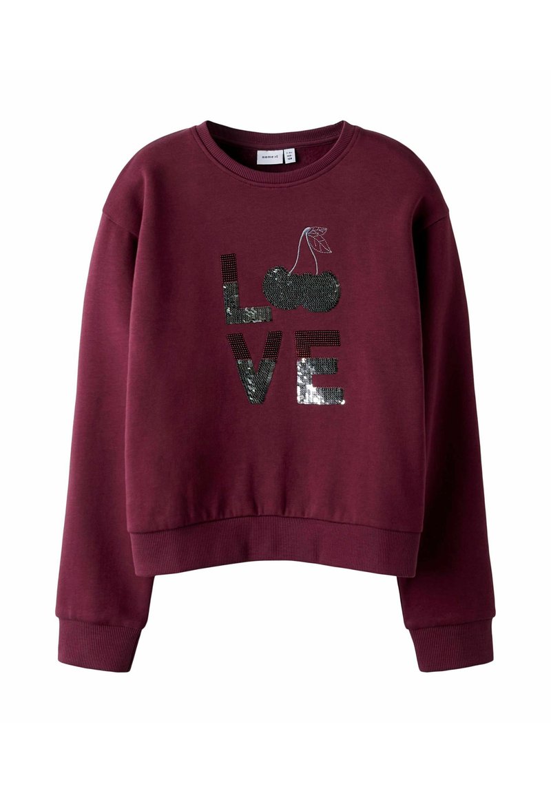 Felpa bordeaux con maniche lunghe e colletto a girocollo. Presenta un design in paillettes con la scritta "LOVE" e ciliegie sopra. Polsini e orlo a costine. Tessuto morbido.