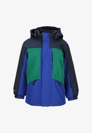 Värikäs takki, jossa on sininen pääosa, vihreät ja tummansiniset yksityiskohdat, huppu, joustavat hihansuut ja kaksi etupuolen vetoketjullista taskua.