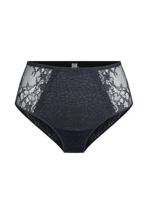 Bragas negras de cintura alta con paneles de encaje con motivos florales, laterales de malla y una sección central suave y opaca.