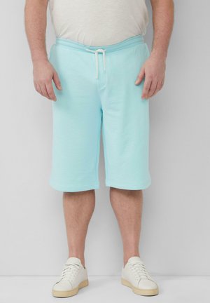 Shorts en coton bleu clair avec une taille élastique, un cordon de serrage et deux poches latérales, se terminant juste au-dessus des genoux. Accentués d'une texture douce.