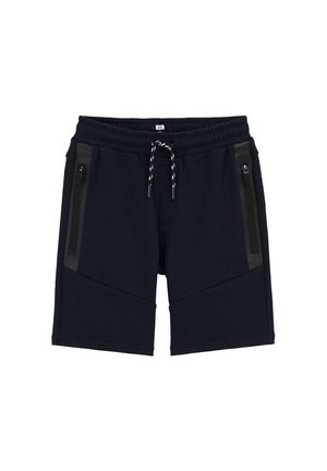 Shorts de sport noirs avec taille élastique, cordon de serrage blanc et noir, et poches latérales zippées avec bordure noire.