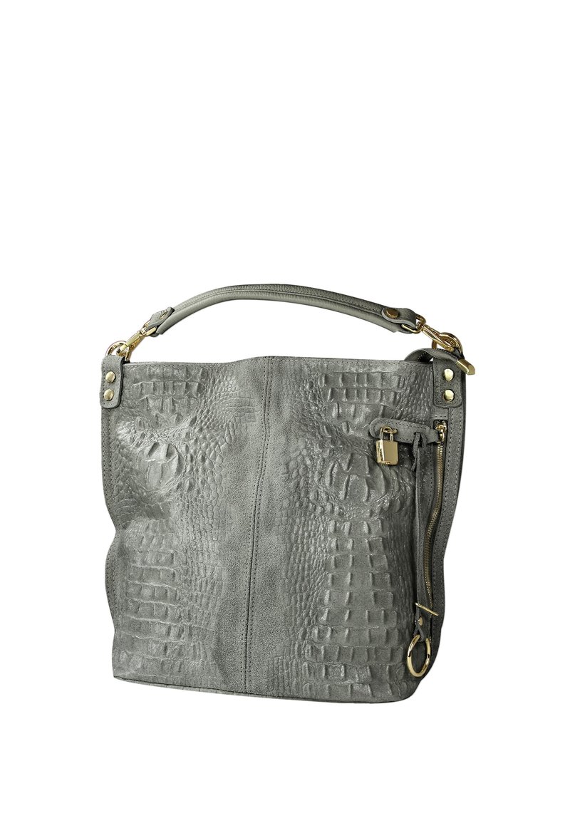 Grijze leren handtas met een textuur van krokodillenpatroon, gouden hardware accenten, een enkele bovenhandgreep en een ritsvak aan de zijkant.