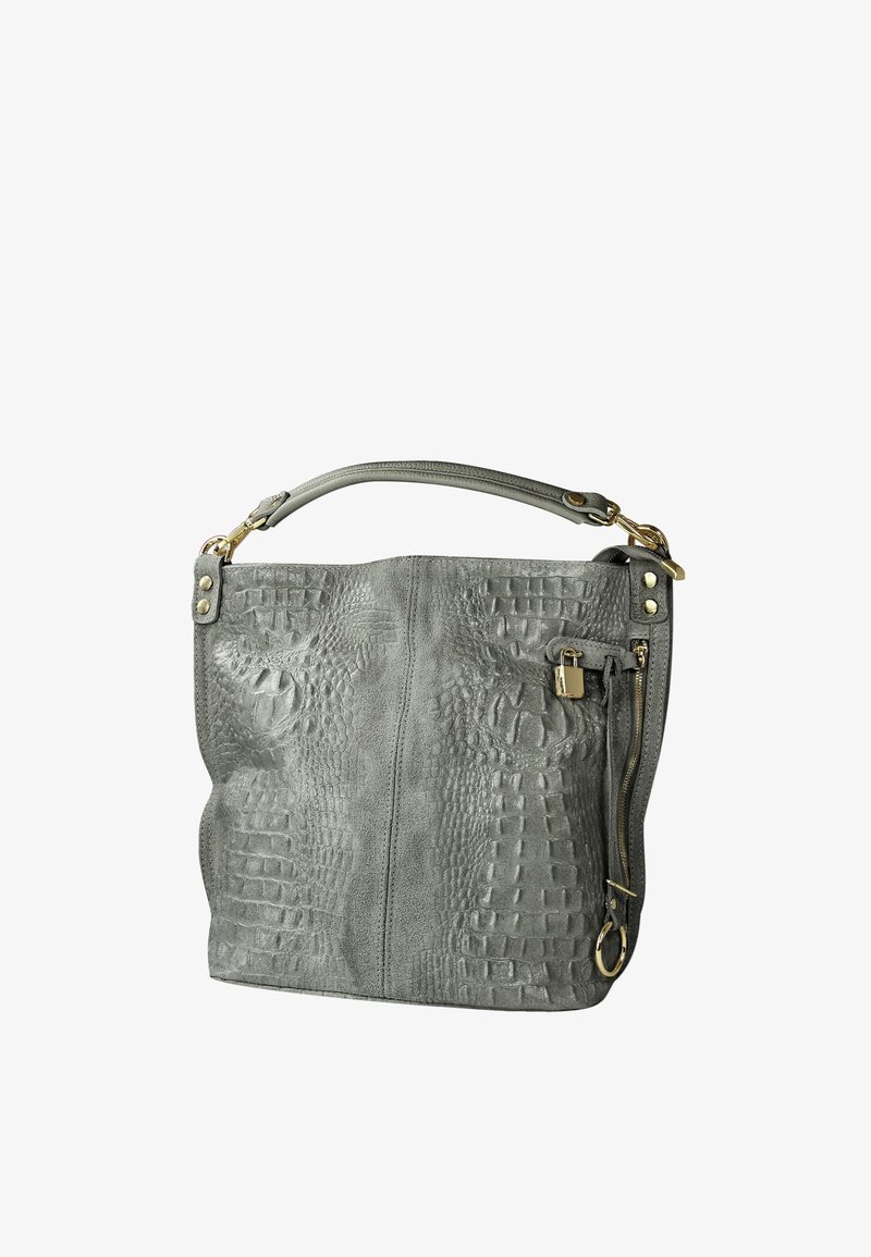 Grijze leren handtas met een textuur van krokodillenpatroon, gouden hardware accenten, een enkele bovenhandgreep en een ritsvak aan de zijkant.