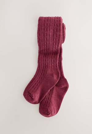Bordeauxfarvede kabelstrikkede sokker med ribbet tekstur og ensfarvet tå. Fremstillet af et blødt, fleksibelt materiale, der er egnet til varme og komfort.