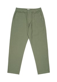 Pantaloni in cotone verde oliva con vestibilità rilassata, vita elastica, tasche frontali e gambe affusolate, caratterizzati da una superficie liscia e cuciture minime.