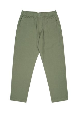 Pantaloni in cotone verde oliva con vestibilità rilassata, vita elastica, tasche frontali e gambe affusolate, caratterizzati da una superficie liscia e cuciture minime.