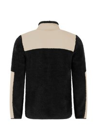 Chaqueta de forro polar negra con parches beiges en los hombros y brazos, vista desde atrás, con un cuello alto y mangas largas.