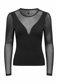 Black top with long sheer mesh sleeves, a deep V-neckline, and a fitted design. Smooth texture with contrasting transparent accents.