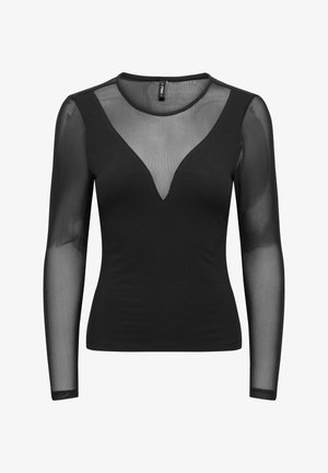 Czarny top z długimi, przezroczystymi siateczkowymi rękawami, głębokim dekoltem w serek i dopasowanym krojem. Gładka faktura z kontrastującymi przezroczystymi akcentami.