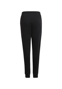 Schwarze Sweatpants mit einem Kordelzugbund, schmal zulaufenden Beinen und gerippten Bündchen, hergestellt aus einem weichen Jersey-Stoff mit glatter Textur.
