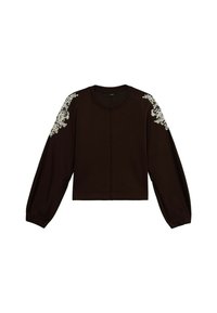 Afgekorte zwarte sweatshirt met lange mouwen, voorzien van witte bloemenborduursels op de schouders en een ronde halslijn. Zachte stofstructuur.