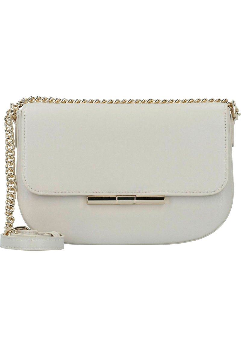 Borsa a tracolla bianca in pelle con una catena dorata, dalla forma curvilinea, chiusura a calamita e una barra dorata frontale.