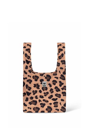 Herbruikbare boodschappentas met bruine en zwarte luipaardprint en een klein wit label in het midden met de tekst "RAIN KISS."