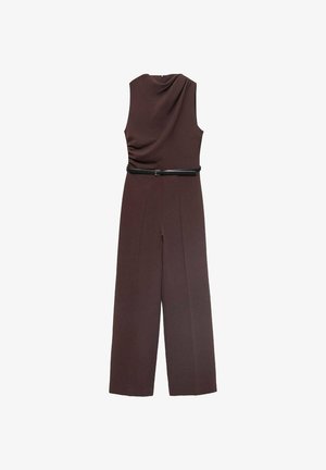 Dark brown sleeveless jumpsuit with draped neckline, belted waist, wide leg design, and smooth texture. No visible fastenings or patterns.