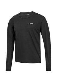 Schwarzes Langarm-Sportshirt mit "cep"-Logo auf der Brust und am Kragen, aus atmungsaktivem Mesh-Gewebe gefertigt.