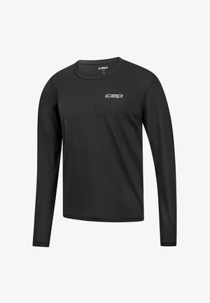 Black long-sleeve athletic shirt with "cep" logo on chest and collar, made of breathable mesh fabric.