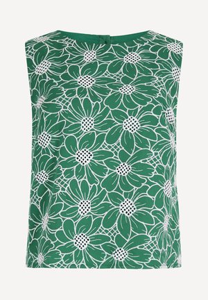 Zielony top bez rękawów z białymi, dużymi haftowanymi kwiatowymi wzorami oraz małym guzikiem z tyłu.