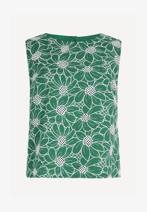 Grøn ærmeløs top med store hvide broderede blomster og en lille knaplukning bagpå.