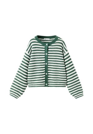 Cardigan rayé vert et blanc en maille avec manches longues et boutons blancs sur le devant.