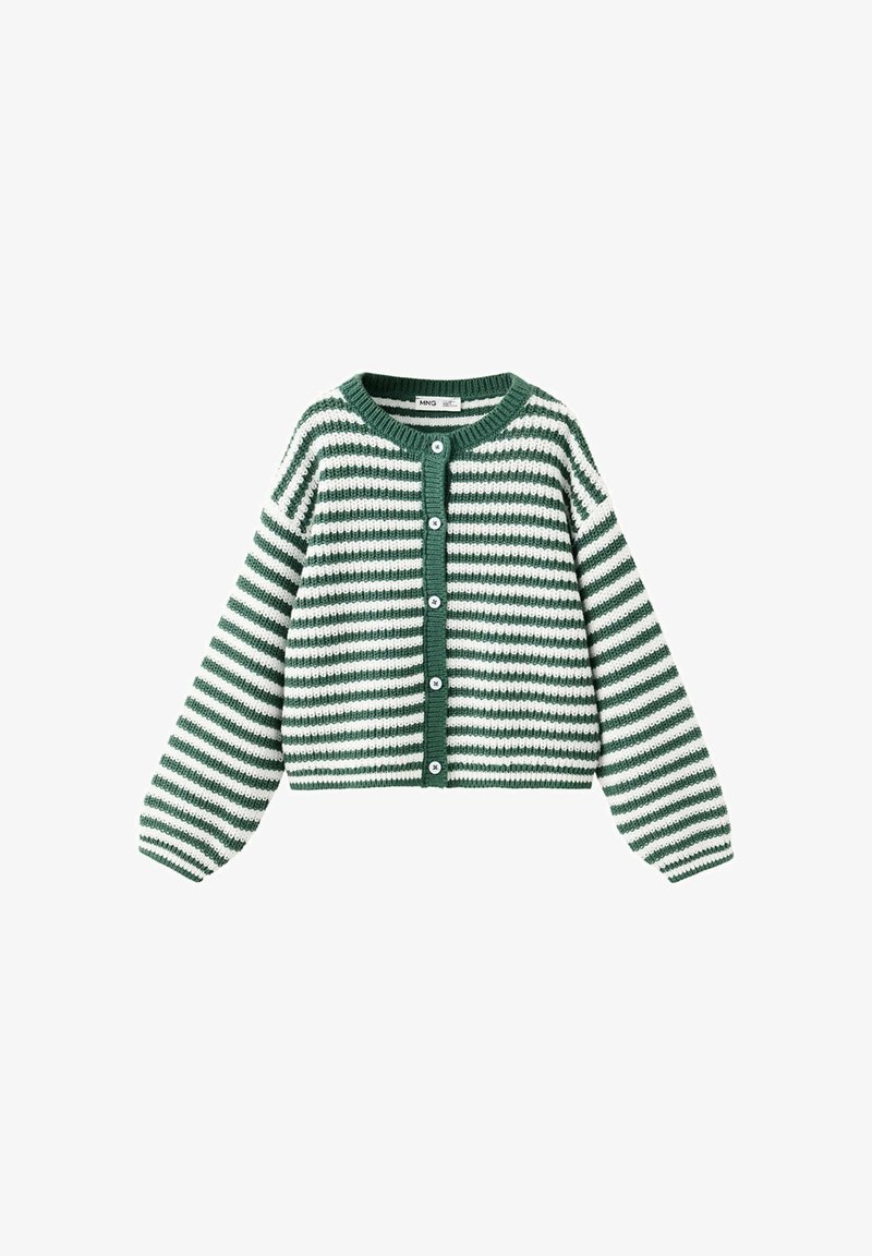 Cardigan rayé vert et blanc en maille avec manches longues et boutons blancs sur le devant.