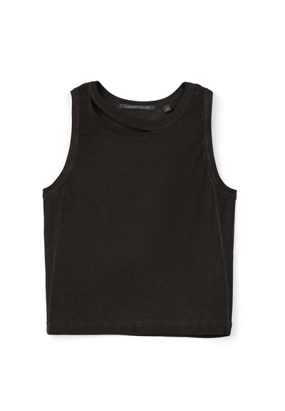 Débardeur noir sans manches, court, avec encolure ronde et étiquette CAMPERLAB à l'intérieur du col, taille moyenne.