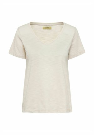 Koszulka z krótkim rękawem w kształcie litery V w jasnym beżowym kolorze, wykonana z miękkiej, teksturowanej tkaniny. Posiada subtelny akcent logo na krawędzi.