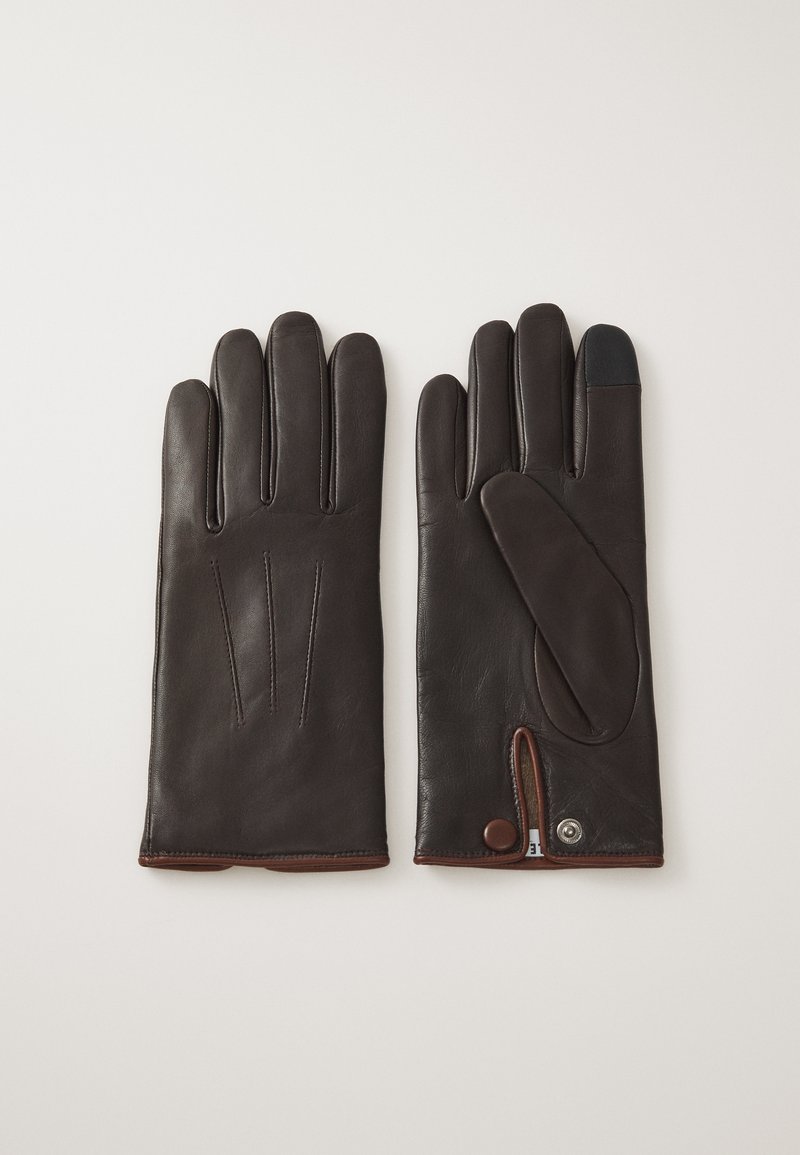 Dark brown leather gloves with five fingers. Features decorative stitching, a button clasp, and a touch-screen compatible fingertip.