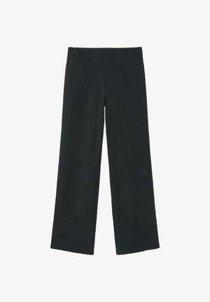 Fekete bordázott kötött széles szárú nadrág elasztikus derékpánttal, sík elülső résszel és egyenes szegéllyel, fehér háttéren bemutatva.