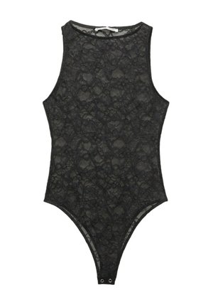 Musta pitsinen bodysuit, jossa on hihaton muotoilu, korkea kaula-aukko ja thong-leikkaus. Pitsissä on kukkakuvio ja teksturoitu viimeistely.