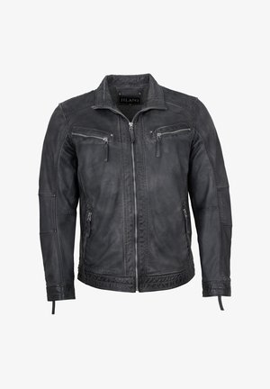 Schwarze Lederjacke mit Reißverschluss auf der Vorderseite, zwei Brusttaschen und seitlichen RV-Taschen. Mit gepolstertem Innenfutter und kontrastierenden Nahtdetails.