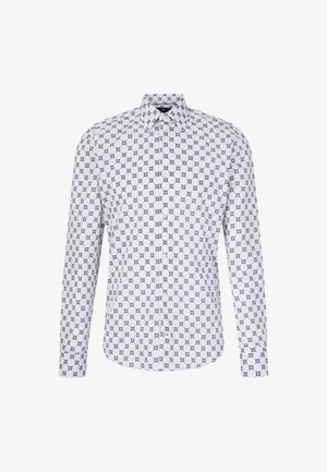Koszula z długim rękawem w białym kolorze z powtarzającym się heksagonalnym wzorem w ciemnoszarym. Zapięcie na guziki przy kołnierzyku i z przodu.