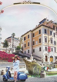 Scooter azzurro chiaro con un design vintage vicino a una fontana, circondato da edifici con facciate color crema e gialle e fiori rosa. Testo "Y not?" incluso.