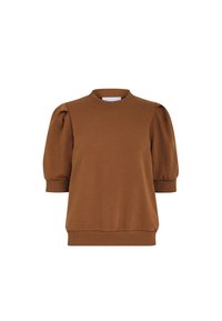 Brown cotton blend sweater with a round neckline, puff sleeves, and ribbed cuffs and hem. Smooth texture, relaxed fit.