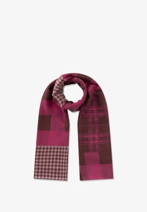 Scarf in shades of pink and brown, featuring various patterns including checks and stripes, made from a soft, textured material.