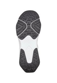 Schwarze Gummisohle mit strukturiertem Grip-Muster, ausgestattet mit einer weißen Zwischensohle und markanten, wellenförmigen Rillen für Traktion und Flexibilität.